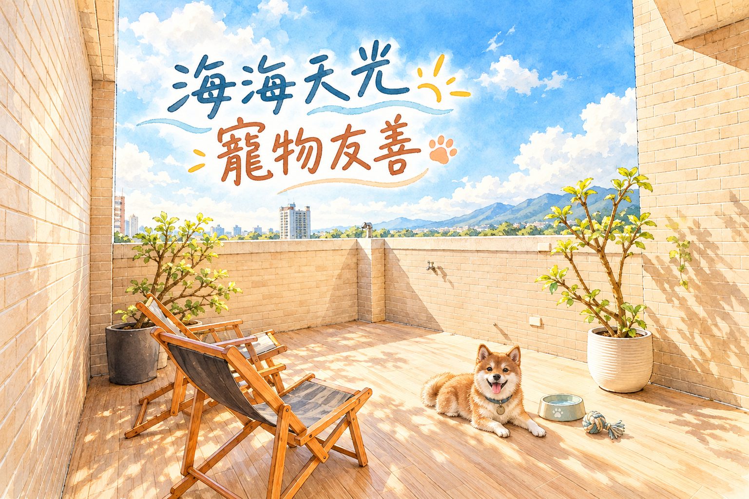墾丁寵物友善包棟海海天光，柴犬在有圍牆的戶外空間休息